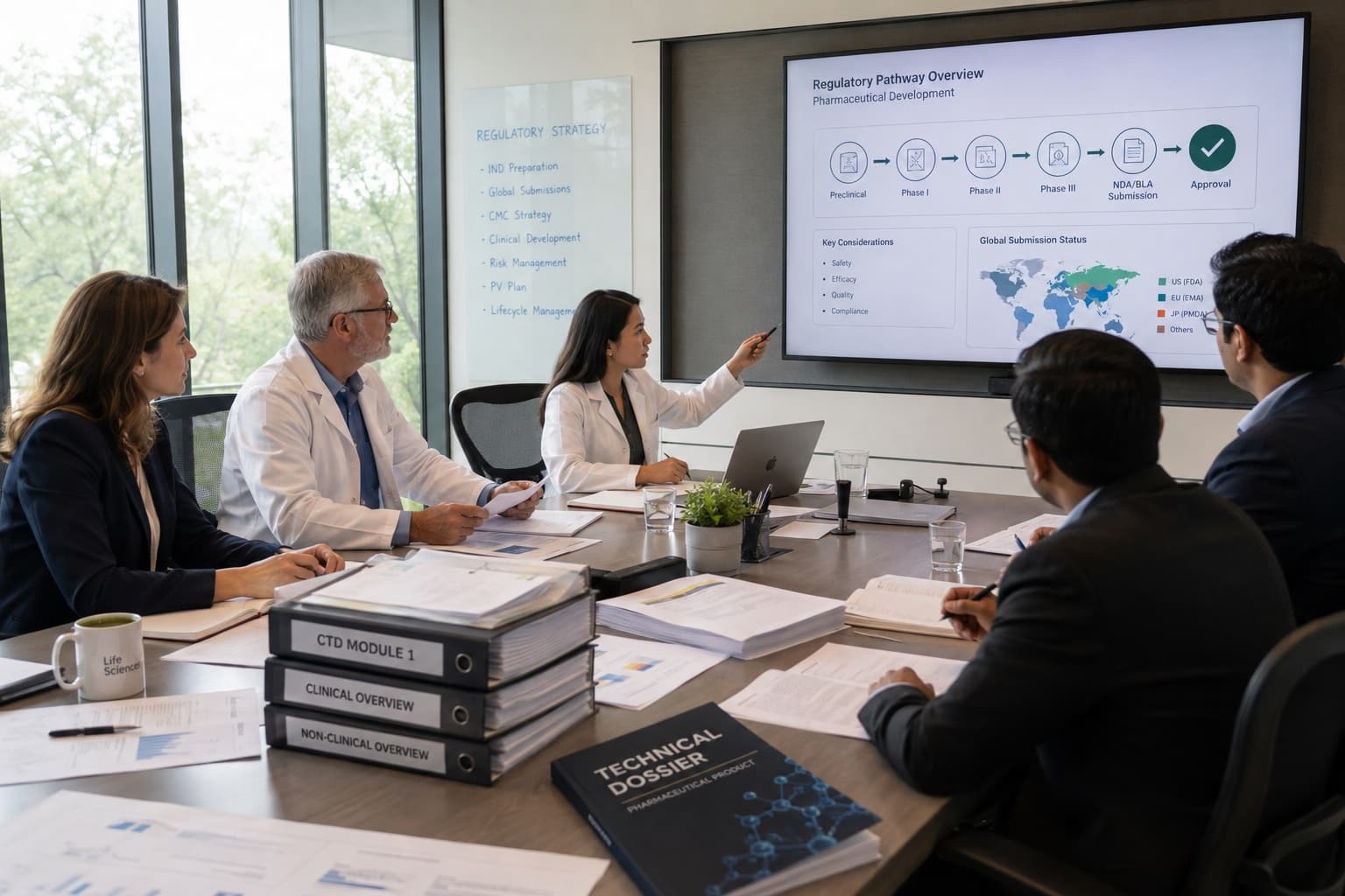 Credence advisers reviewing a regulatory pathway and CTD dossier modules with a client team