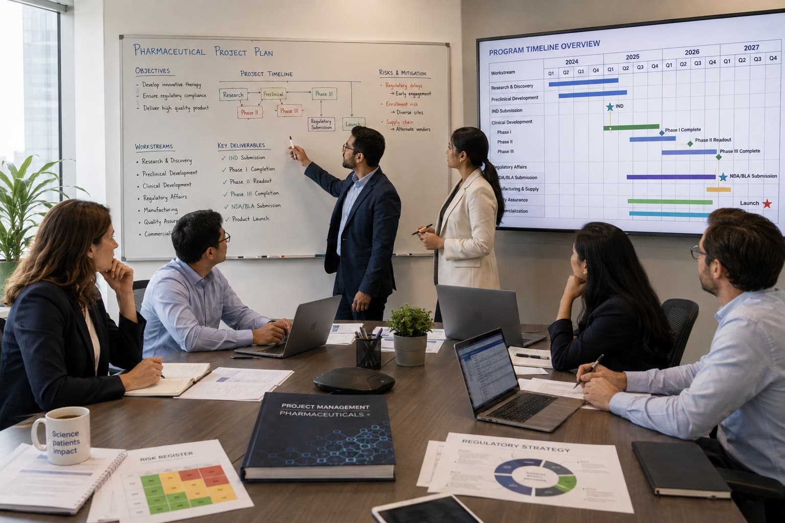 A Credence program team reviewing a pharmaceutical project plan and multi-year program timeline covering IND, Phase 1 to 3, NDA and launch